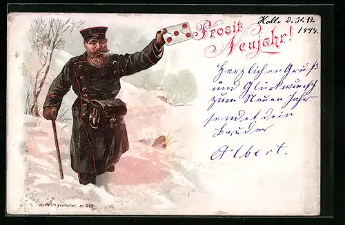 AK Briefträger mit Brief im Schnee, Glitzer