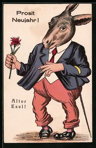 AK Esel mit einer Blume in der Hand, vermenschlichte Tiere