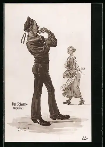 Künstler-AK sign. Bernhard: Der Scharfmacher, Matrose schaut einem Dienstmädchen hinterher