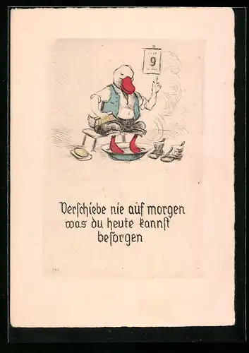 Künstler-AK Gänserich nimmt ein Fussbad
