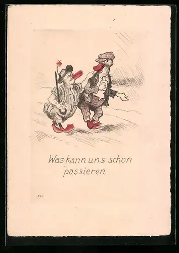 Künstler-AK Frohe Gänsefreunde meinen Was kann uns schon passieren