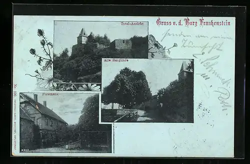 AK Frankenstein, Totalansicht, Forsthaus, Burg Frankenstein