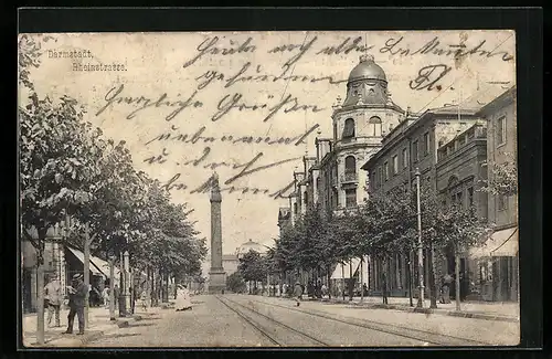AK Darmstadt, Rheinstrasse mit Denkmal