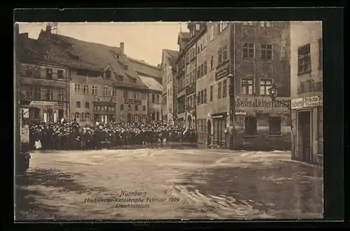 AK Nürnberg, Hochwasser-Katastrophe 1909, Unschlittplatz mit Geschäften