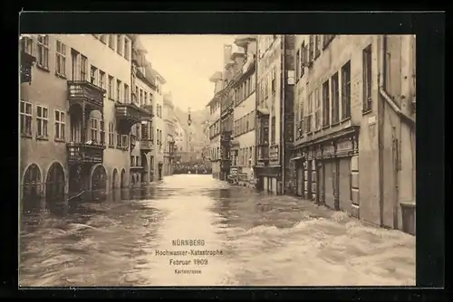 AK Nürnberg, Hochwasser-Katastrophe 1909, Überschwemmte Karlstrasse mit Geschäften