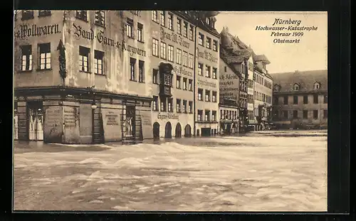 AK Nürnberg, Hochwasser-Katastrophe 1909, Obstmarkt mit Kurzwarengeschäft