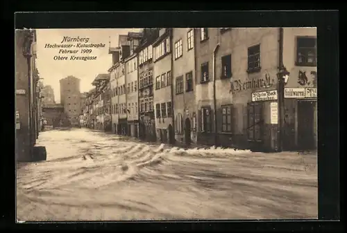 AK Nürnberg, Hochwasser-Katastrophe 1909, Strasse Obere Kreuzgasse mit Goldwarengeschäft