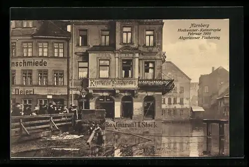 AK Nürnberg, Hochwasser-Katastrophe 1909, Abgerissener Fischersteg mit Restaurant