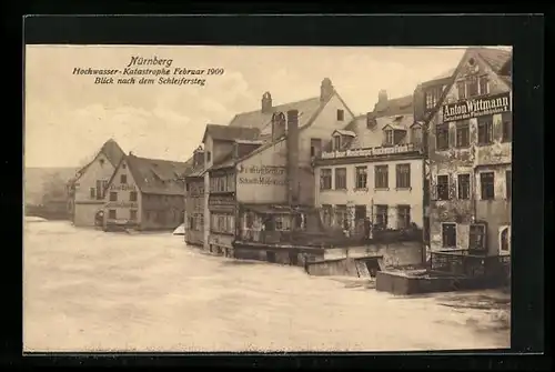 AK Nürnberg, Hochwasser-Katastrophe 1909, Blick nach dem Schleifersteg mit Albrecht Bauer Wunderburger Knackwurst-Fabrik