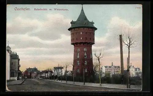AK Cuxhaven, Nordseebad, Bahnhofstrasse mit Wasserturm