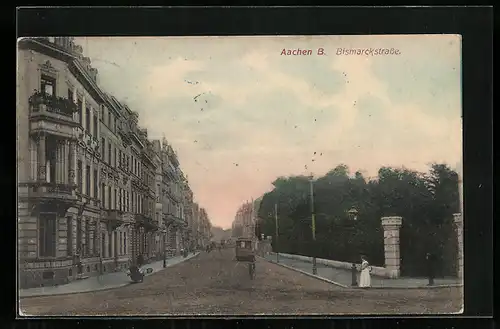 AK Aachen, Bismarckstrasse mit Strassenbahn