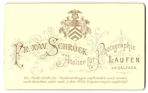 Fotografie Fr. Xav. Schröck, Laufen a. d. Salzach, königliches Wappen thront über Anschrift des Ateliers