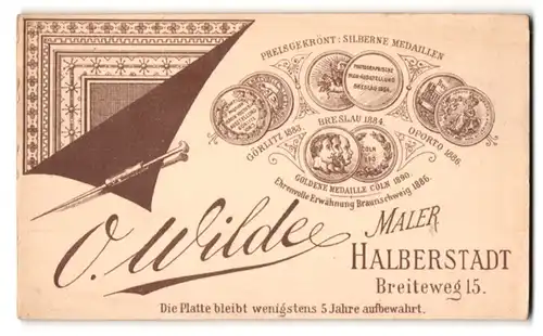 Fotografie O. Wilde, Halberstadt, Breiteweg 15, gedruckte silberne und goldenen Medaillen, Konterfei Daguerre
