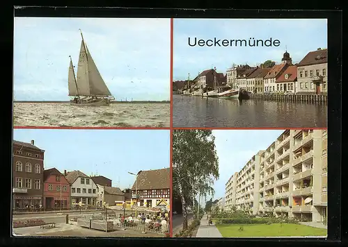 AK Ueckermünde, Pionierschiff Immer Bereit, Blick zum Hafen, Karl-Marx-Platz