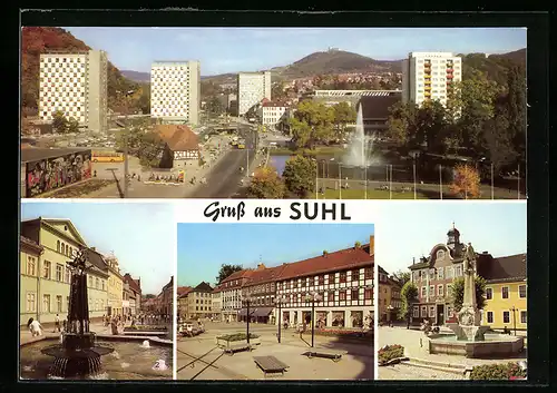 AK Suhl /Thür. Wald, Blick vom Haus der Gewerkschaft, Steinweg, Rathaus mit Waffenschmied-Denkmal