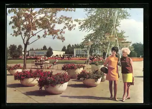 AK Erfurt, Internationale Gartenbauausstellung der DDR, Sommertag, Zwei Frauen auf dem Ausstellungsgelände