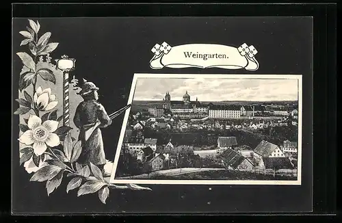 Passepartout-AK Weingarten, Teilansicht, Wachsoldat und Blume