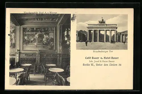 AK Berlin, Cafe und Hotel Bauer, Unter den Linden 26, Innenansicht mit Wandgemälde, Brandenburger Tor