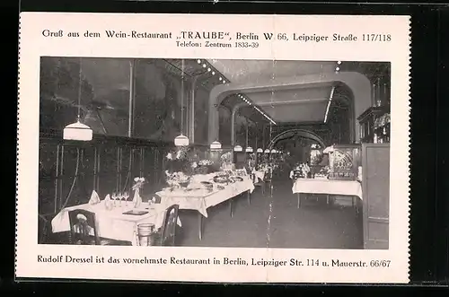 AK Berlin, Wein-Restaurant Traube, Leipziger Strasse 1117 /118, Innenansicht