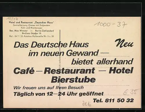 AK Berlin-Zehlendorf, Hotel-Restaurant Deutsches Haus
