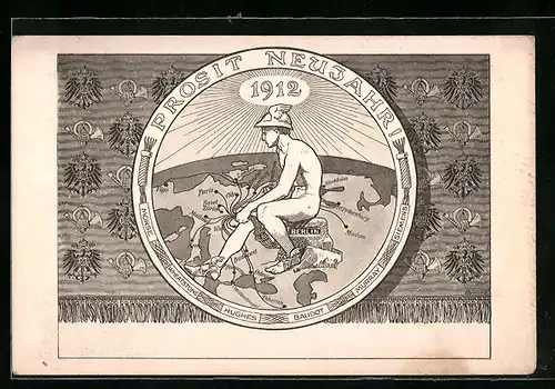 Künstler-AK Deutsches Wappen, Posthörner, Landkarte mit Reiserouten als Bindfäden