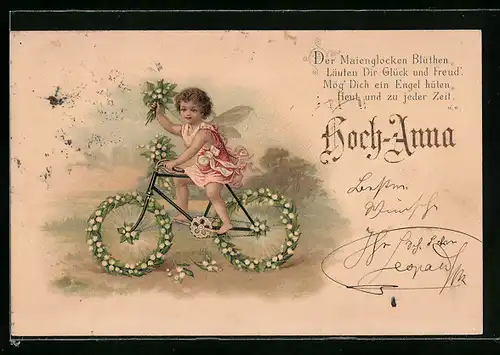 Lithographie Hoch Anna, Kleiner Engel auf Blumen-Fahrrad