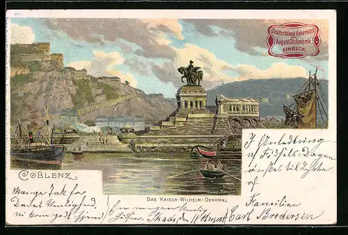 Lithographie Coblenz, Kaiser Wilhelm Denkmal