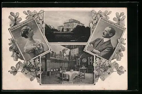 Passepartout-AK Villa Hügel mit Speisezimmer, Portraits Berta und Gustav Krupp von Bohlen