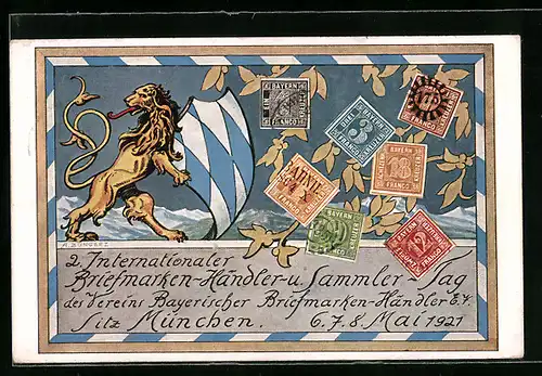 AK München, 2. Internationaler Briefmarken-Händler- u. Sammlertag 1921, versch. Briefmarken, Löwe mit Wappenschild