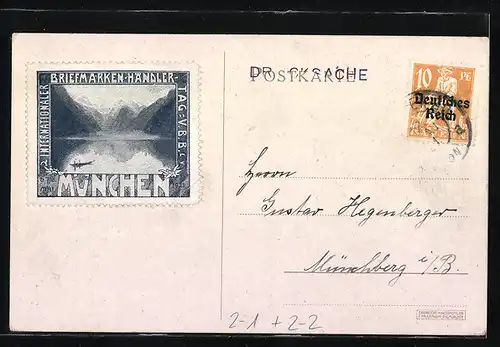 AK München, 2. Internationaler Briefmarken-Händler- u. Sammlertag 1921, versch. Briefmarken, Löwe mit Wappenschild
