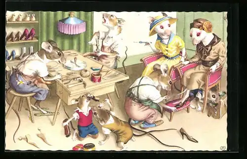 Künstler-AK Schusterwerk betrieben von Ratten und Mäusen, vermenschlichte Tiere