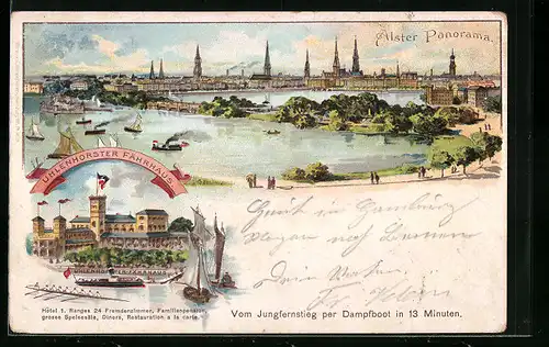 Lithographie Hamburg, Alster-Panorama, Uhlenhorster Fährhaus