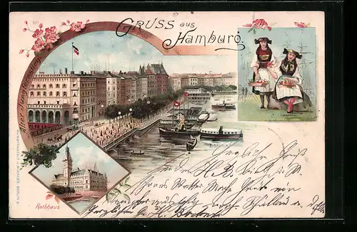 Lithographie Hamburg, Rathaus, Vierländerinnen in Tracht