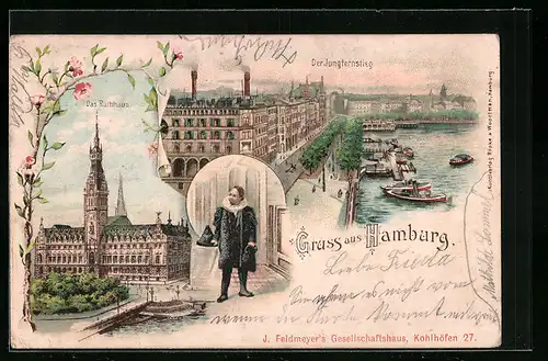 Lithographie Hamburg, Jungfernstieg, Stadtbeamter & neues Rathaus