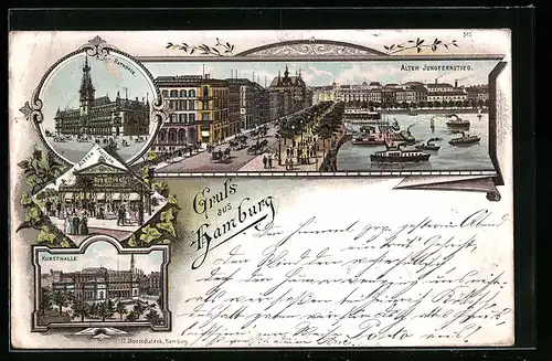 Lithographie Hamburg-Neustadt, Restaurant Alsterpavillon, Kunsthalle, Alter Jungfernstieg mit Dampfer