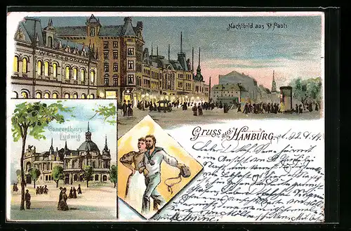 Lithographie Hamburg-St.Pauli, Concerthaus Ludwig, Nachtbild aus St. Pauli