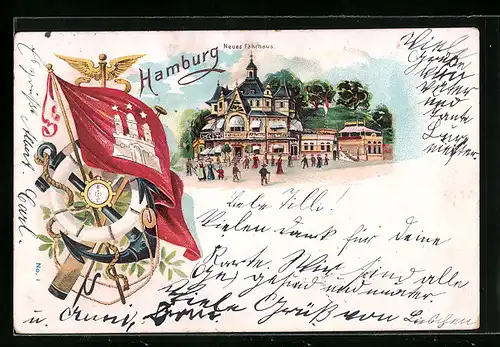 Lithographie Hamburg-St. Pauli, Neues Fährhaus, Flagge und Anker