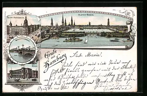 Lithographie Hamburg, Alster-Bassin, Haupt-Postgebäude, Börse