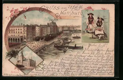 Lithographie Hamburg-Neustadt, Rathaus, Alter Jungfernstieg, junge Frauen in Tracht