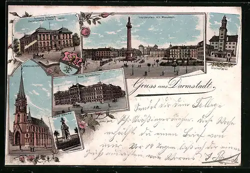 Vorläufer-Lithographie Darmstadt, 1894, Louisenplatz mit Monument, Technische Hochschule, Johanniskirche