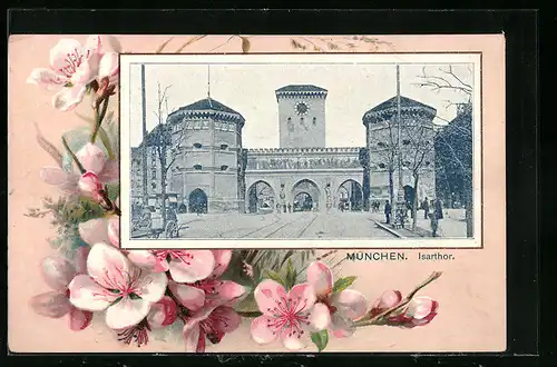 Passepartout-Lithographie München, Isarthor, Kirschblüten