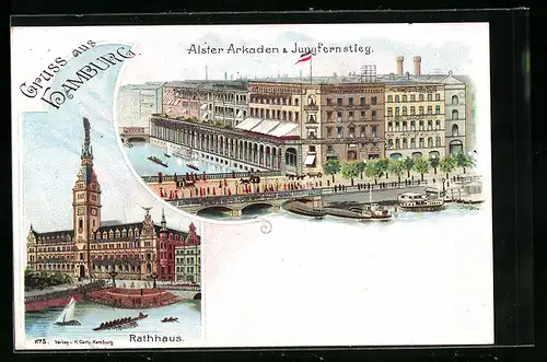 Lithographie Hamburg, Alster-Arkaden und Jungfernstieg, Rathaus, Glitzer