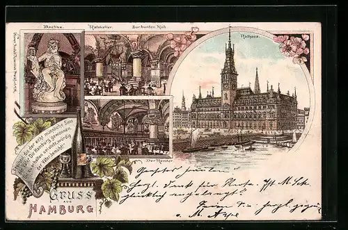 Lithographie Hamburg, Rathaus, Ratskeller Zur bunten Kuh, Bacchus & Remter