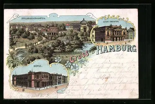 Lithographie Hamburg, Zoologischer Garten, Stadt-Theater, Börse