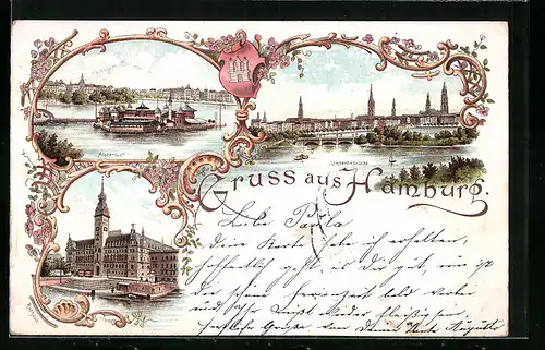 Lithographie Hamburg-St.Georg, Hotel Berliner Hof, Alsterlust, Lombardsbrücke