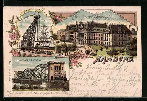 Lithographie Hamburg, Justizgebäude, Eisenbahn-Elb-Brücke, Riesen-Krahn