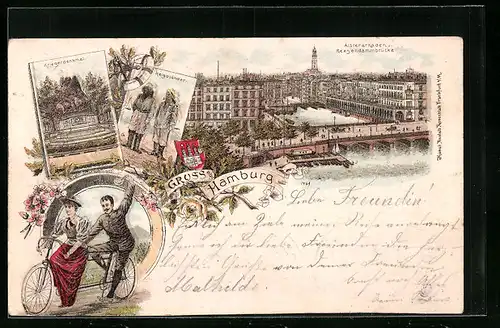 Lithographie Hamburg, Alsterarkaden, Regendammbrücke