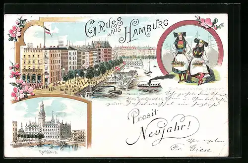 Lithographie Hamburg-Neustadt, Alter Jungfernstieg, Rathaus, Frauen in Tracht