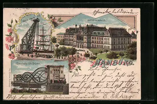 Lithographie Hamburg, Justizgebäude, Eisenbahn-Elb-Brücke, Riesen-Krahn