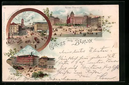 Lithographie Berlin, Grand-Hotel, Alexanderplatz mit Polizei-Präsidium, Königsstrasse